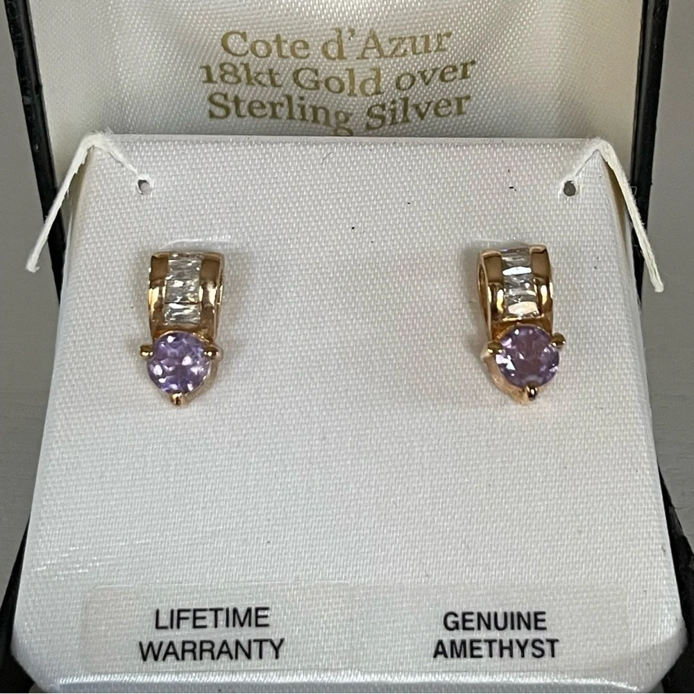 18K Gold Amethyst Earrings over Sterling Silver with Diamond Baguette CZ Stones